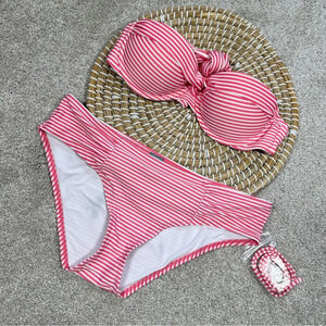 Aerie Stripes Molded Cup Push Up Bikini Bandeau 34A & Hipster Bottom Pink M